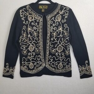 Mirasol Black Embroidered Cardigan Sweater Women M Gold‎ Sequins cording Floral